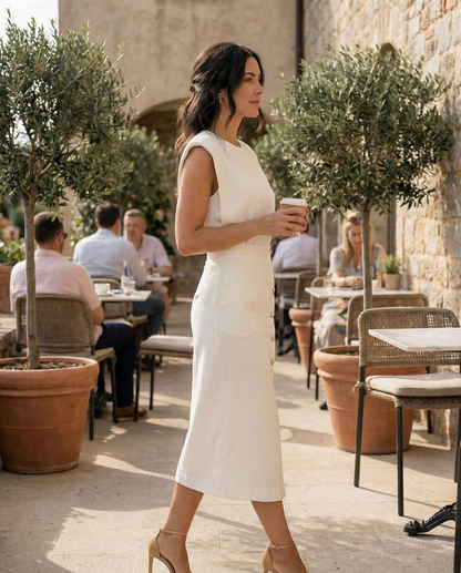 Women's Midi Dress Sleeveless with Round Neck, Gold Buttons and Slit