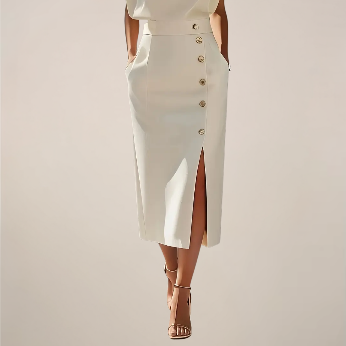 Women's Midi Dress Sleeveless with Round Neck, Gold Buttons and Slit