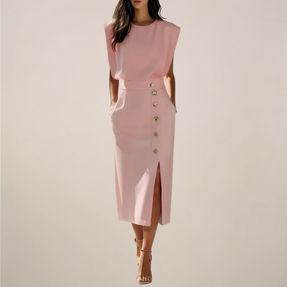 Women's Midi Dress Sleeveless with Round Neck, Gold Buttons and Slit