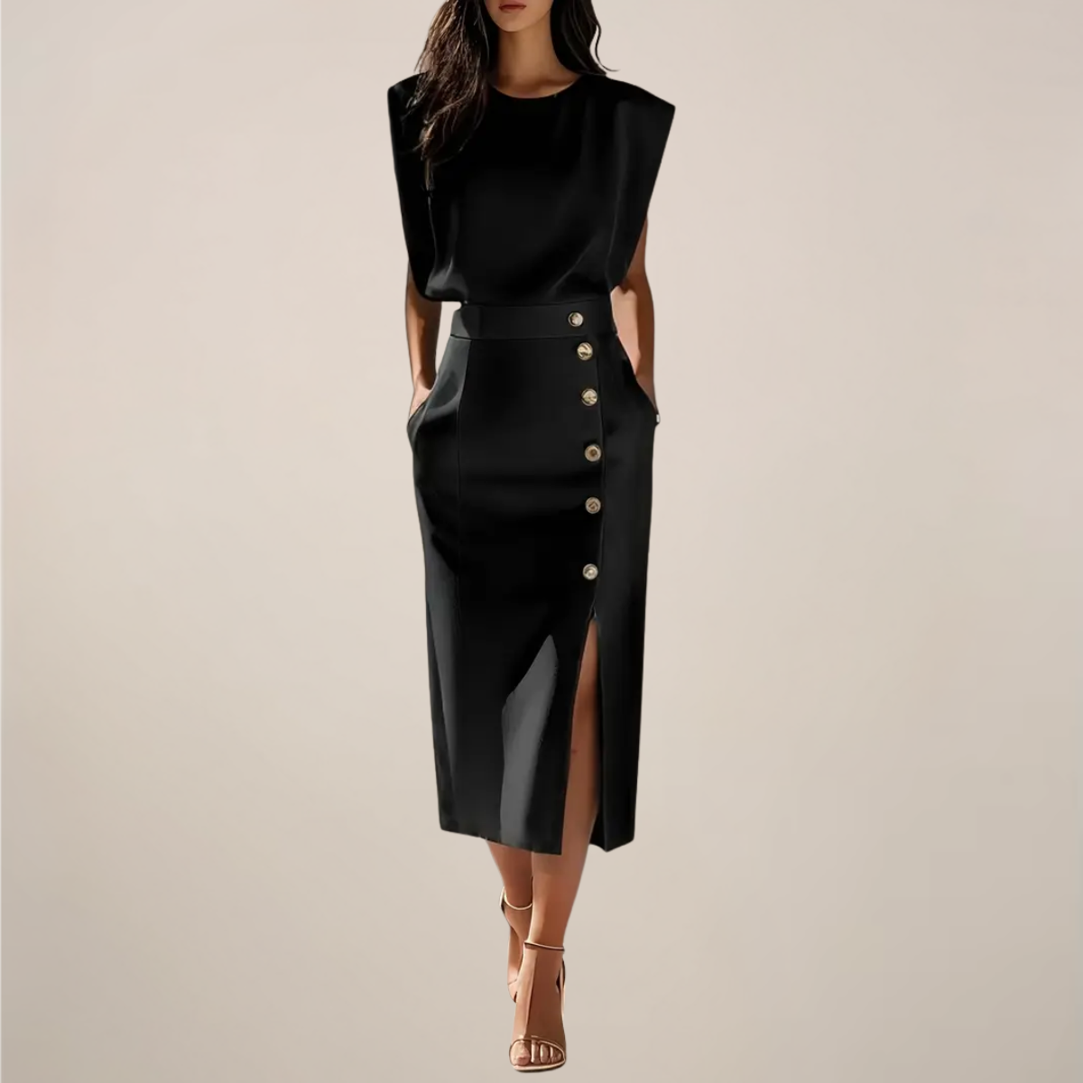Women's Midi Dress Sleeveless with Round Neck, Gold Buttons and Slit