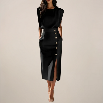 Women's Midi Dress Sleeveless with Round Neck, Gold Buttons and Slit