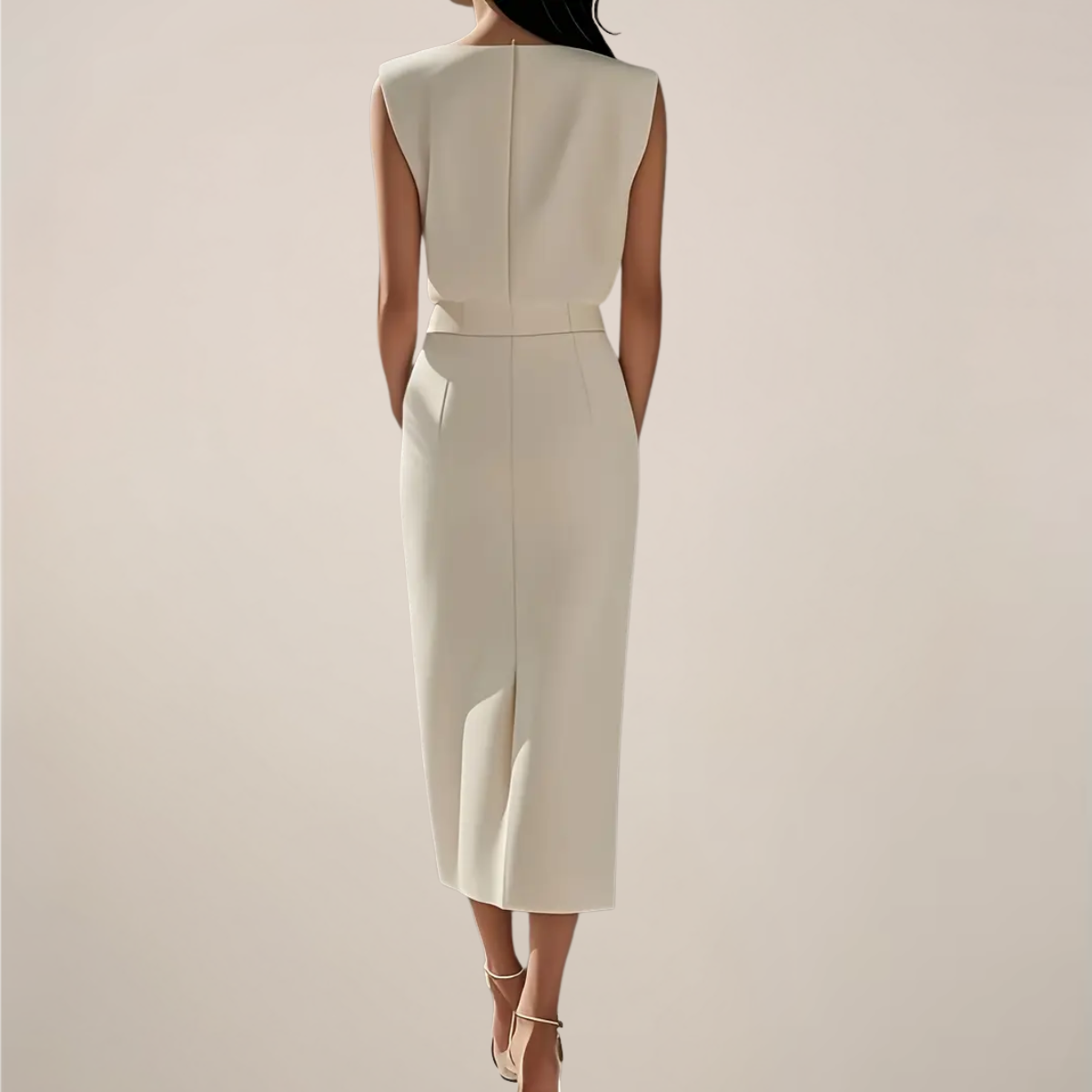 Women's Midi Dress Sleeveless with Round Neck, Gold Buttons and Slit