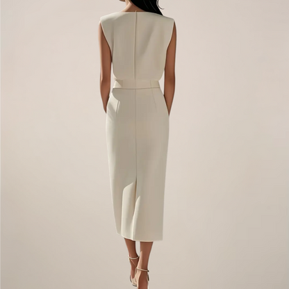 Women's Midi Dress Sleeveless with Round Neck, Gold Buttons and Slit