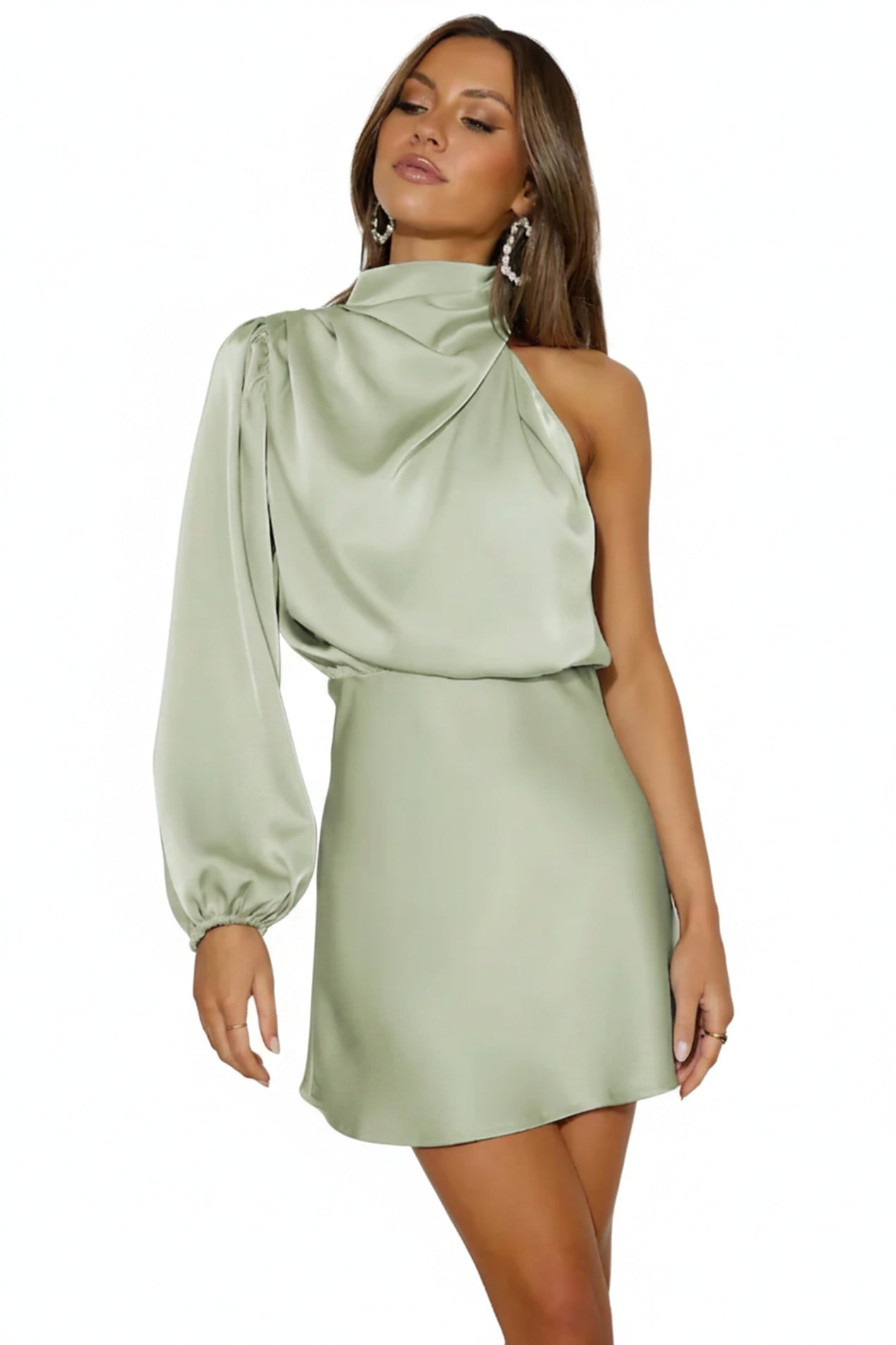 Women's Mini Dress with One Shoulder, High Neck and Balloon Sleeve