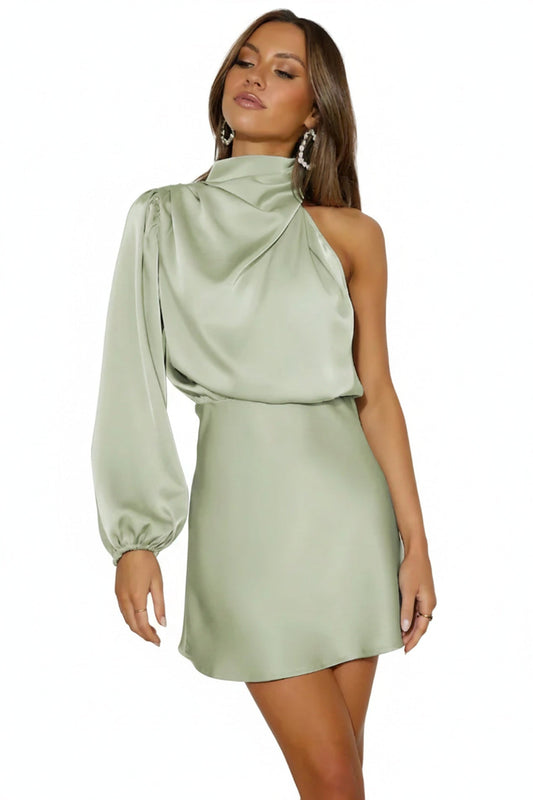 Women's Mini Dress with One Shoulder, High Neck and Balloon Sleeve