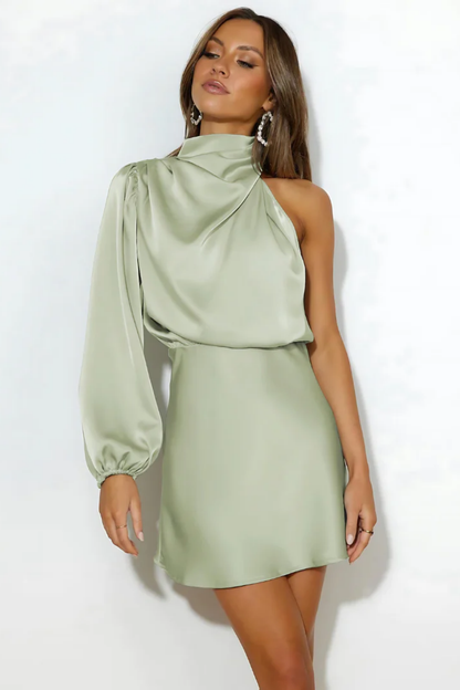 Women's Mini Dress with One Shoulder, High Neck and Balloon Sleeve