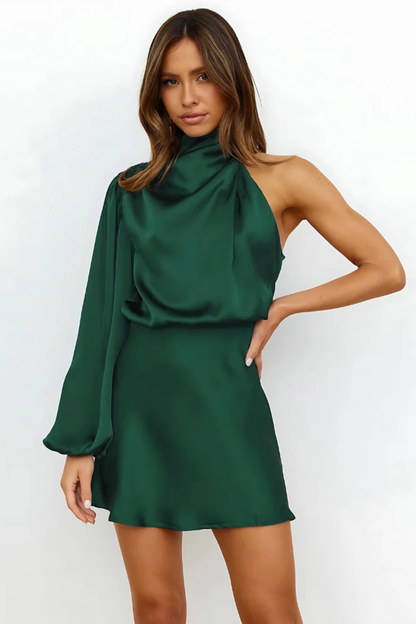 Women's Mini Dress with One Shoulder, High Neck and Balloon Sleeve