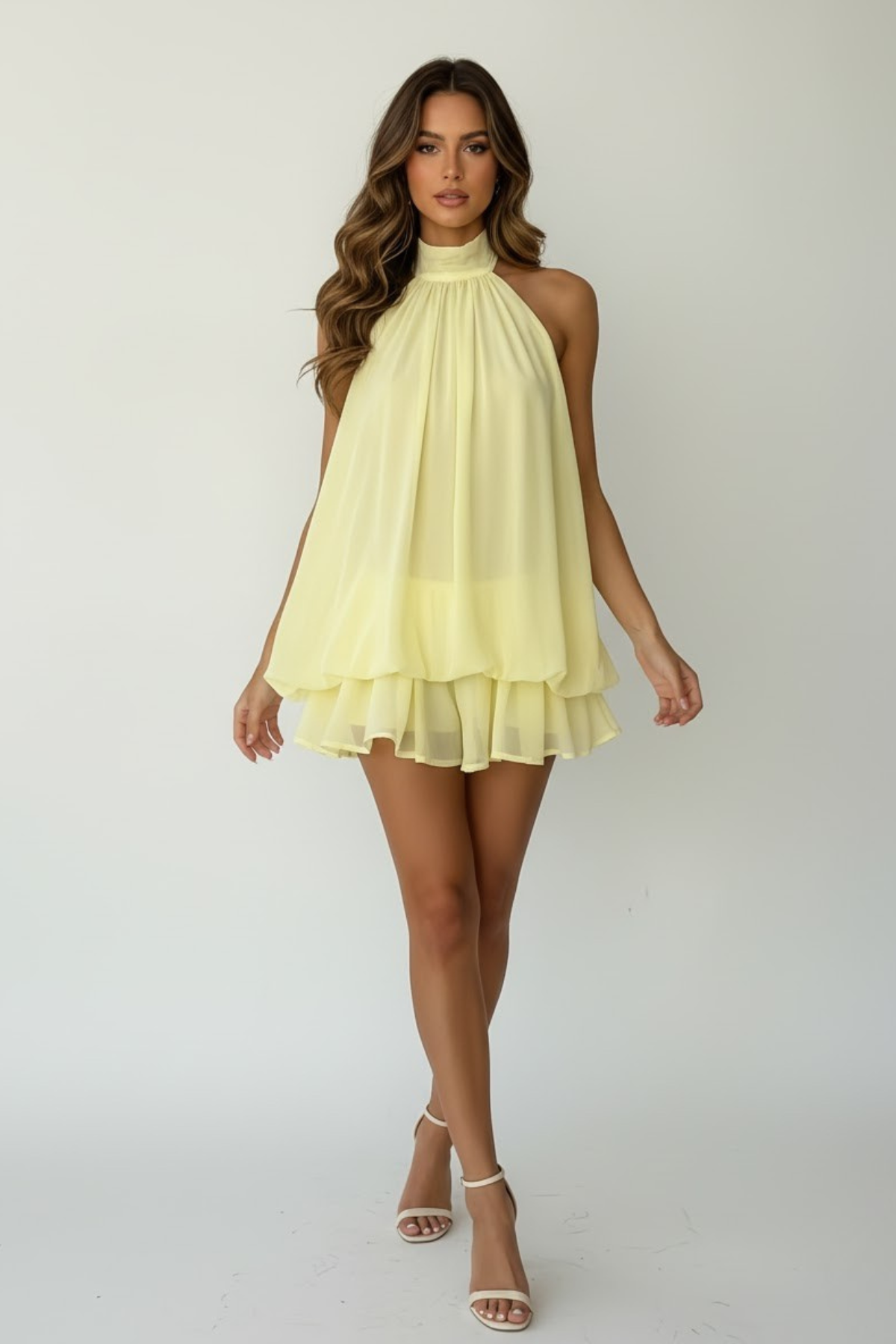 Women's Mini Dress Sleeveless with Halter Neck and Double Ruffle Hem
