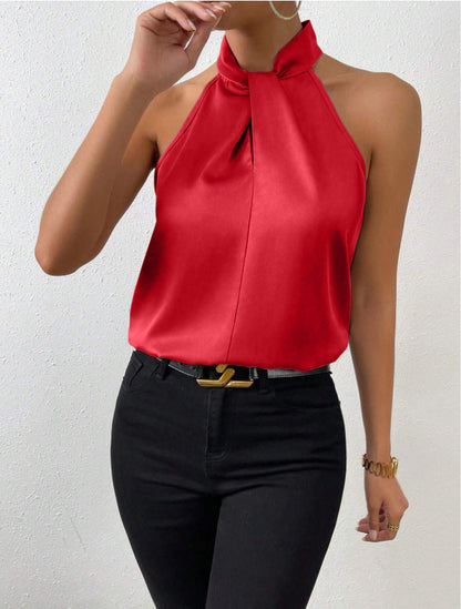 Women's Sleeveless Top with Knotted Halter and Flowing Fit