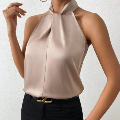 Women's Sleeveless Top with Knotted Halter and Flowing Fit