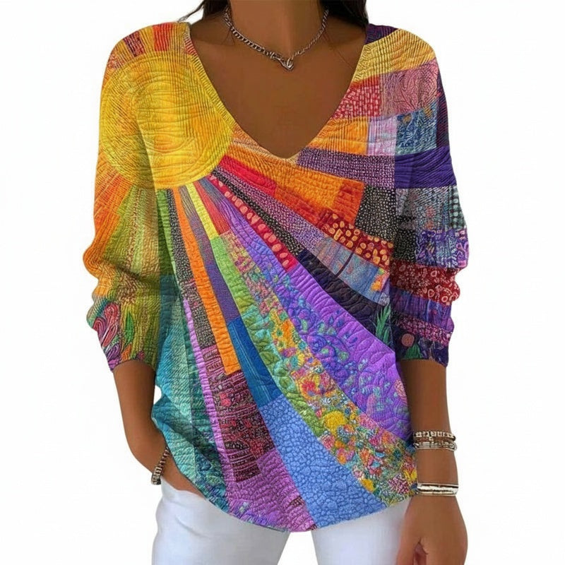 Women's Long-Sleeve Shirt with V-Neck and Sunny Patchwork Print