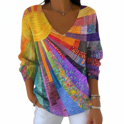 Women's Long-Sleeve Shirt with V-Neck and Sunny Patchwork Print