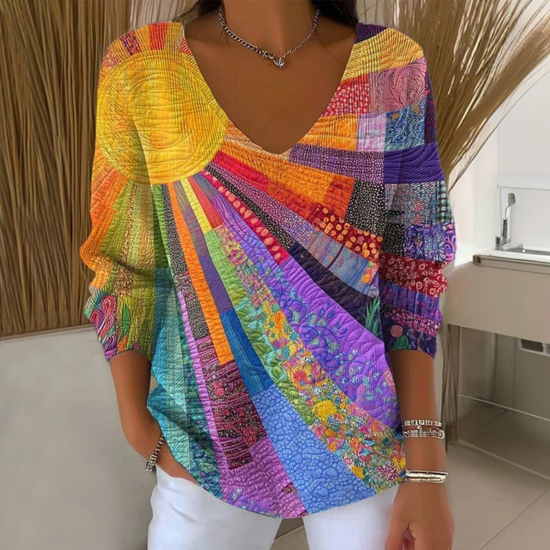 Women's Long-Sleeve Shirt with V-Neck and Sunny Patchwork Print