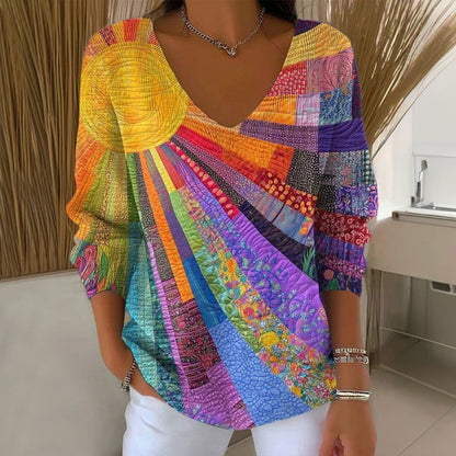 Women's Long-Sleeve Shirt with V-Neck and Sunny Patchwork Print
