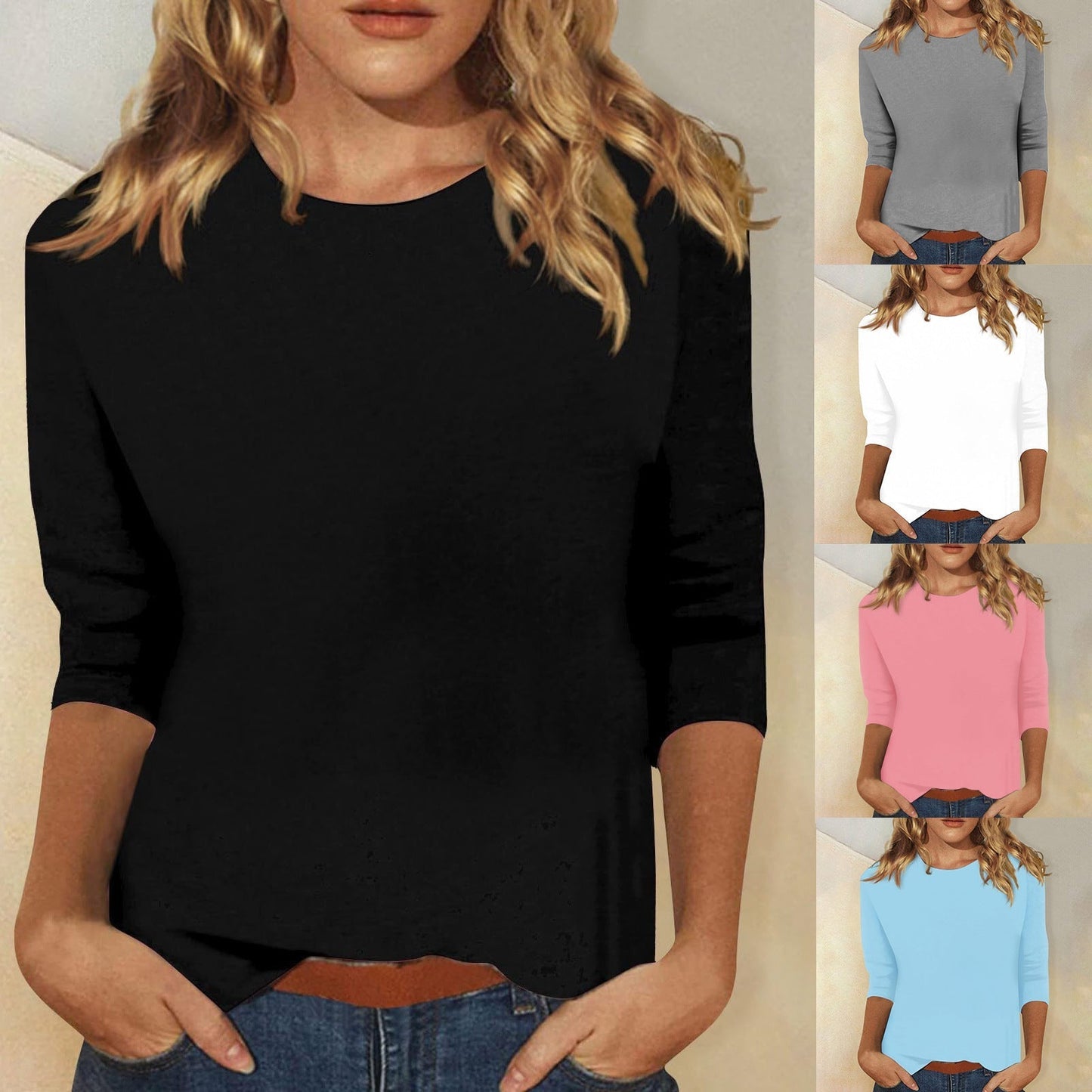 Women's T-shirt Three-Quarter Sleeve with Round Neck and Regular Fit