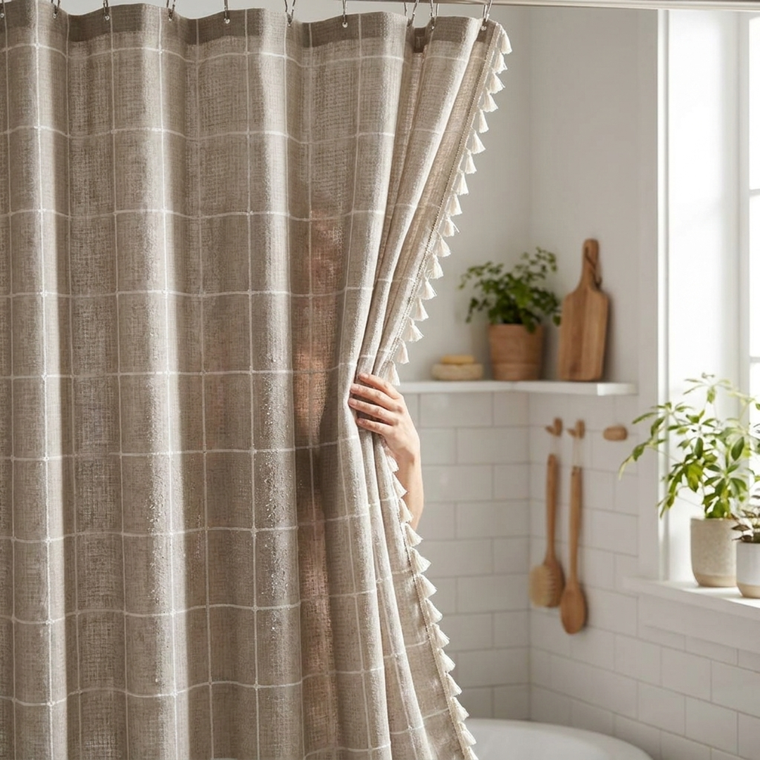 Tasseled Linen Shower Curtain for a Drier Bathroom