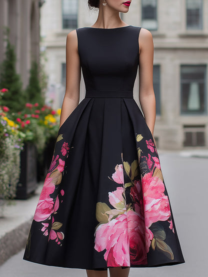 Danica | Women's Elegant Floral A-Line Wedding Guest Midi Dress with Pleated Skirt