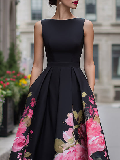 Danica | Women's Elegant Floral A-Line Wedding Guest Midi Dress with Pleated Skirt