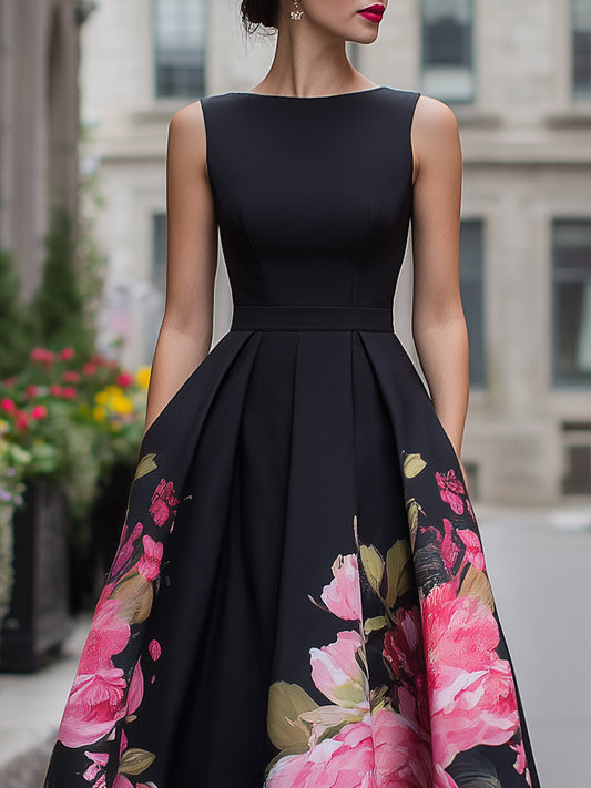 Danica | Women's Elegant Floral A-Line Wedding Guest Midi Dress with Pleated Skirt
