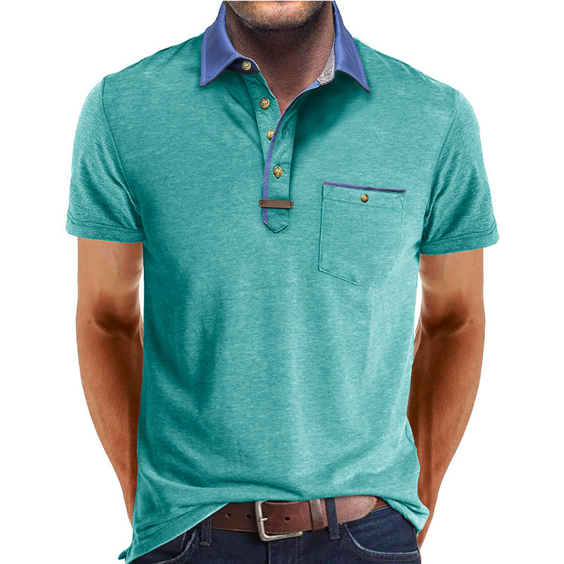 Men's Short-Sleeve Polo Shirt with Contrasting Collar and Chest Pocket