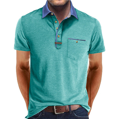 Men's Short-Sleeve Polo Shirt with Contrasting Collar and Chest Pocket