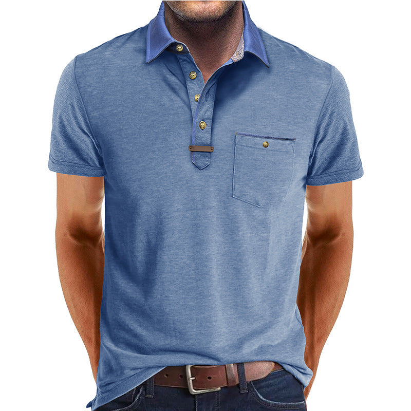 Men's Short-Sleeve Polo Shirt with Contrasting Collar and Chest Pocket