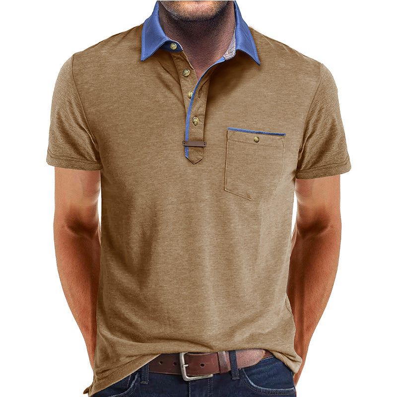 Men's Short-Sleeve Polo Shirt with Contrasting Collar and Chest Pocket