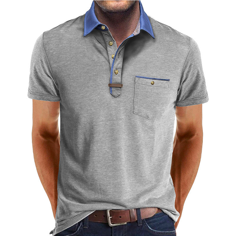 Men's Short-Sleeve Polo Shirt with Contrasting Collar and Chest Pocket