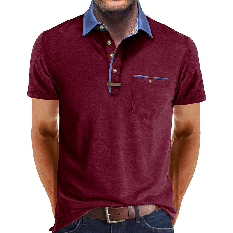 Men's Short-Sleeve Polo Shirt with Contrasting Collar and Chest Pocket