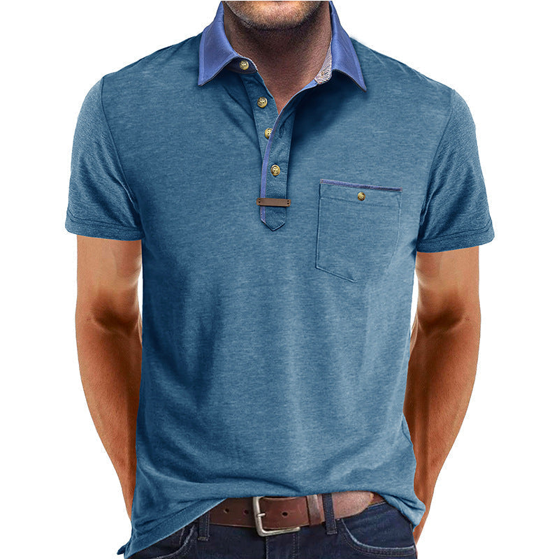 Men's Short-Sleeve Polo Shirt with Contrasting Collar and Chest Pocket