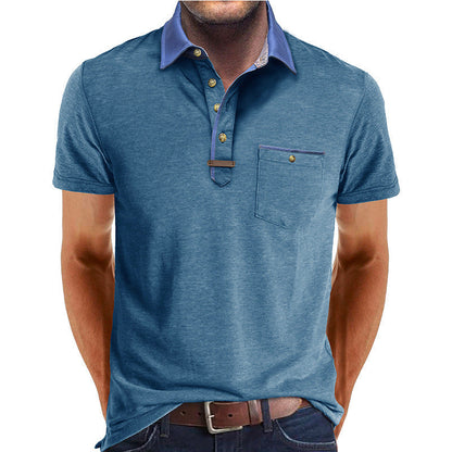 Men's Short-Sleeve Polo Shirt with Contrasting Collar and Chest Pocket
