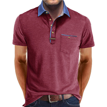 Men's Short-Sleeve Polo Shirt with Contrasting Collar and Chest Pocket