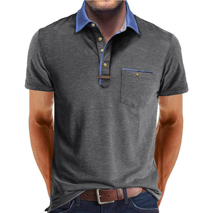 Men's Short-Sleeve Polo Shirt with Contrasting Collar and Chest Pocket