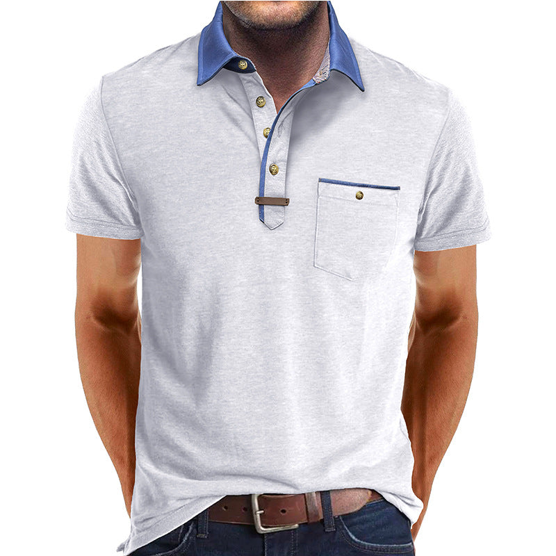 Men's Short-Sleeve Polo Shirt with Contrasting Collar and Chest Pocket