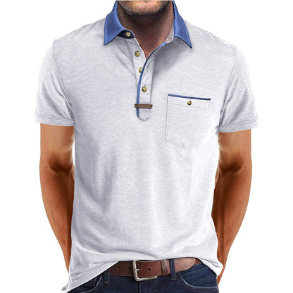 Men's Short-Sleeve Polo Shirt with Contrasting Collar and Chest Pocket