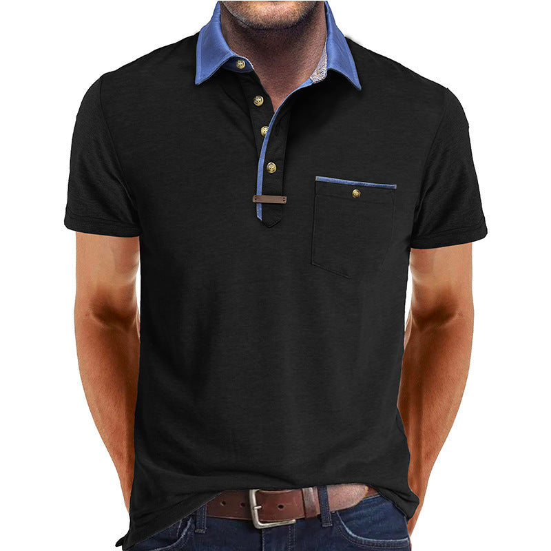 Men's Short-Sleeve Polo Shirt with Contrasting Collar and Chest Pocket