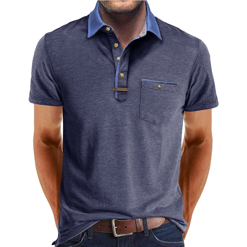 Men's Short-Sleeve Polo Shirt with Contrasting Collar and Chest Pocket