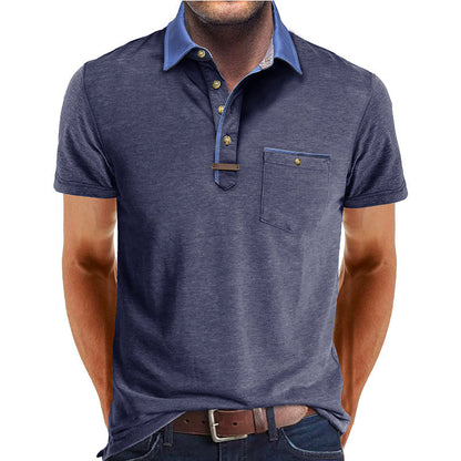 Men's Short-Sleeve Polo Shirt with Contrasting Collar and Chest Pocket