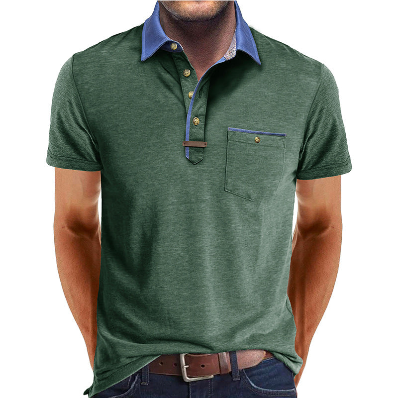 Men's Short-Sleeve Polo Shirt with Contrasting Collar and Chest Pocket