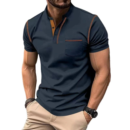 Men's Short-Sleeve Polo Shirt with Stand-Up Collar and Contrast Trim