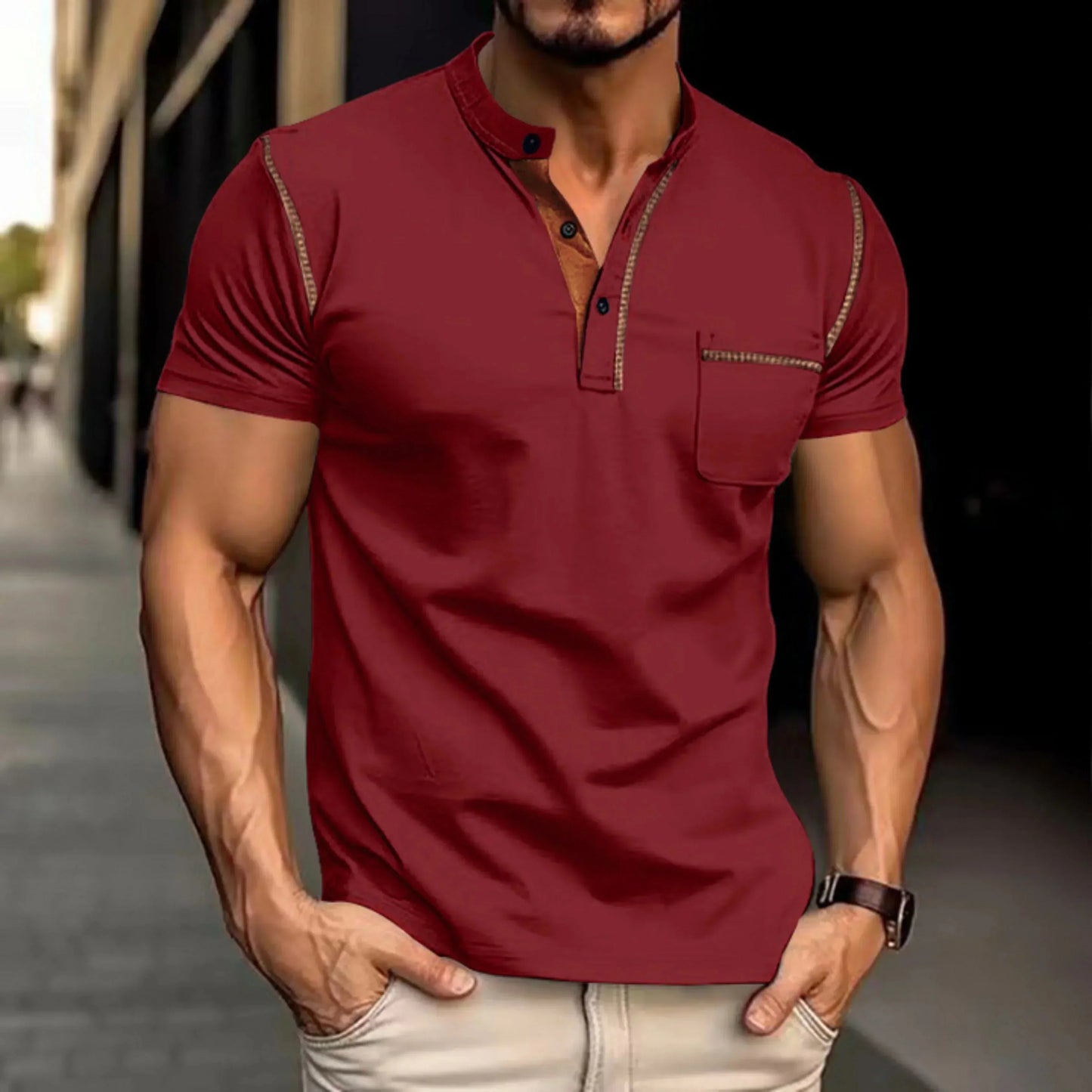 Men's Short-Sleeve Polo Shirt with Stand-Up Collar and Contrast Trim