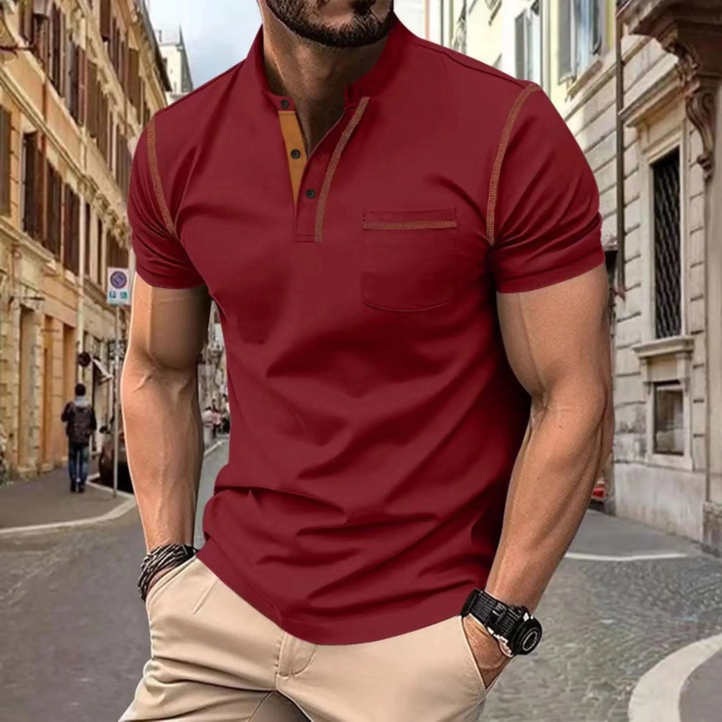Men's Short-Sleeve Polo Shirt with Stand-Up Collar and Contrast Trim