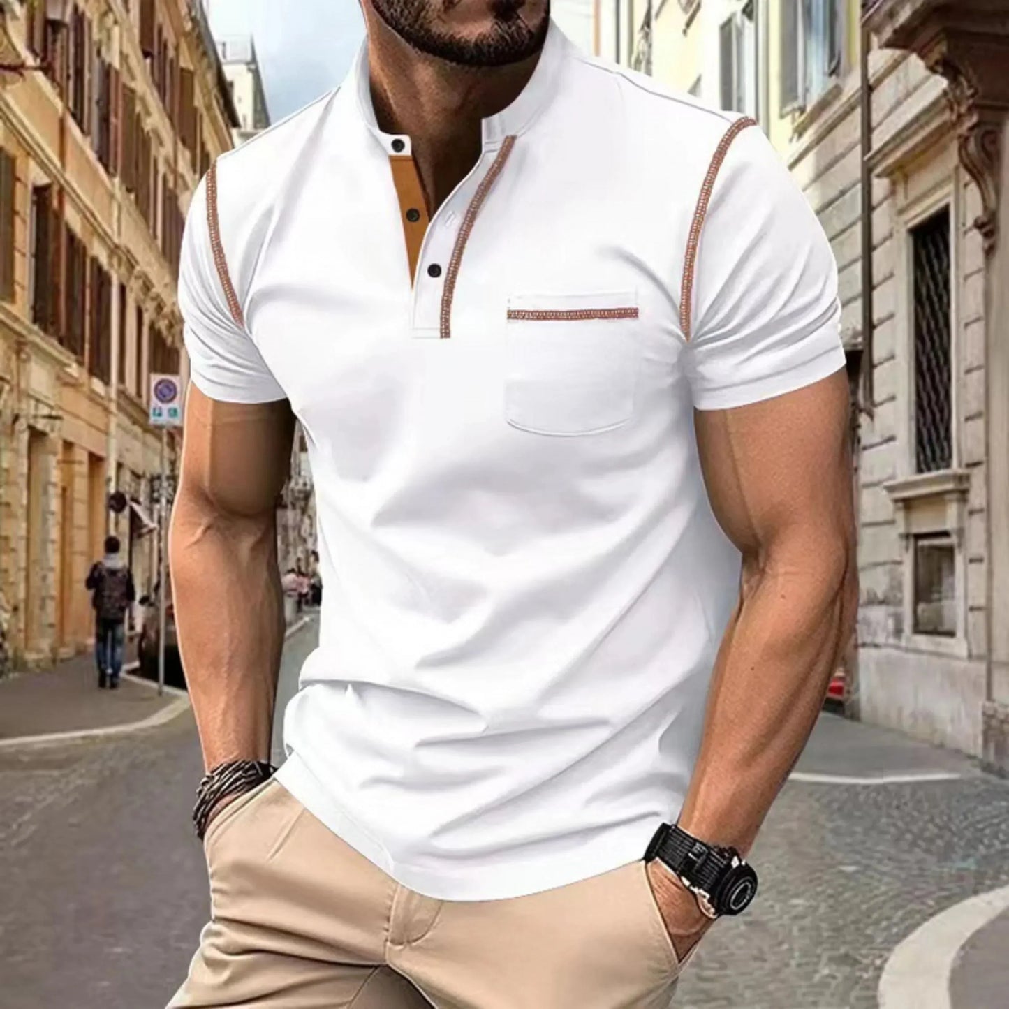 Men's Short-Sleeve Polo Shirt with Stand-Up Collar and Contrast Trim