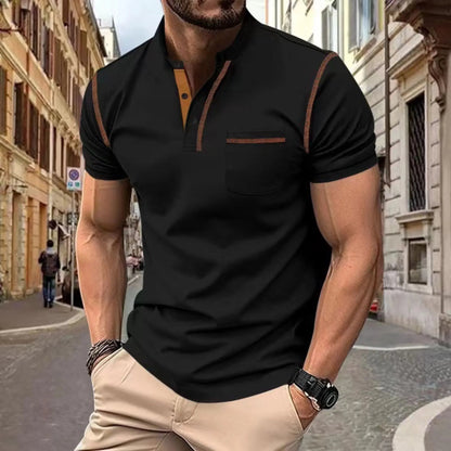 Men's Short-Sleeve Polo Shirt with Stand-Up Collar and Contrast Trim