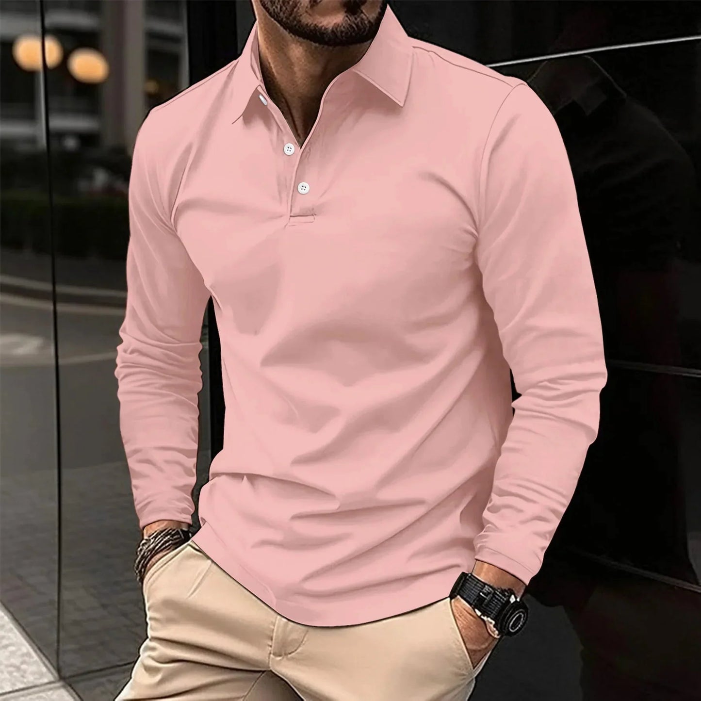 Men's Long-Sleeve Polo with Classic Collar Slim Fit