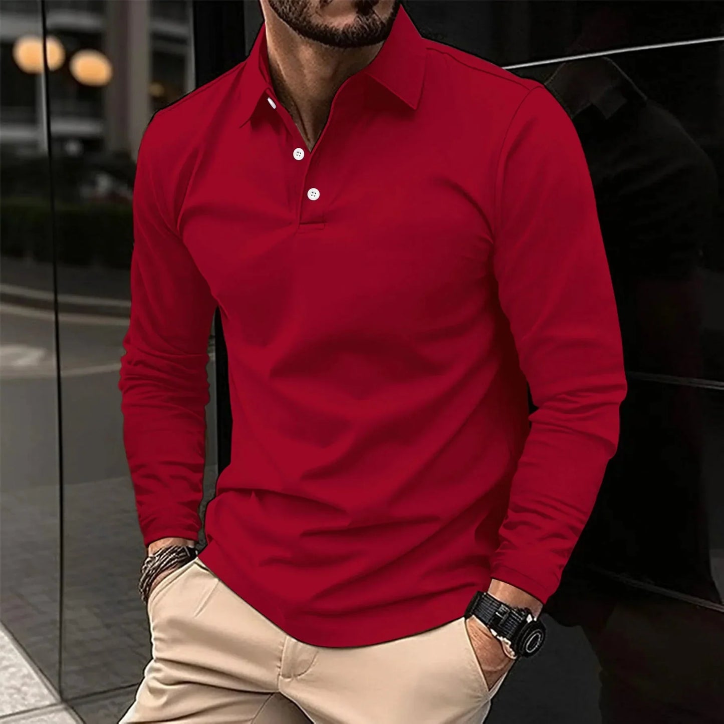 Men's Long-Sleeve Polo with Classic Collar Slim Fit
