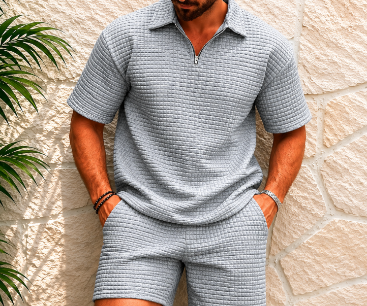 Men's Polo Shirt and Shorts Set with Short Sleeve and Zip Collar