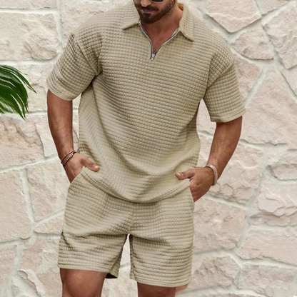 Men's Polo Shirt and Shorts Set with Short Sleeve and Zip Collar