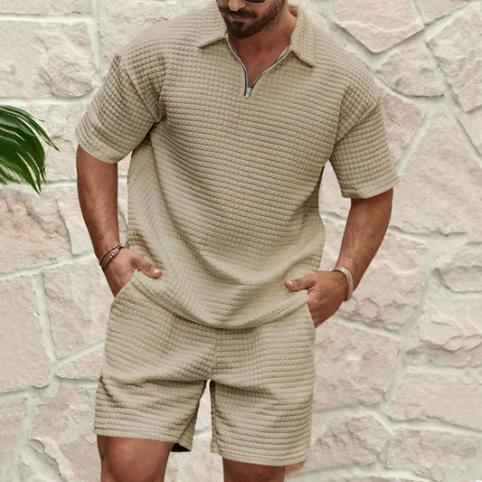 Men's Polo Shirt and Shorts Set with Short Sleeve and Zip Collar