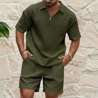 Men's Polo Shirt and Shorts Set with Short Sleeve and Zip Collar